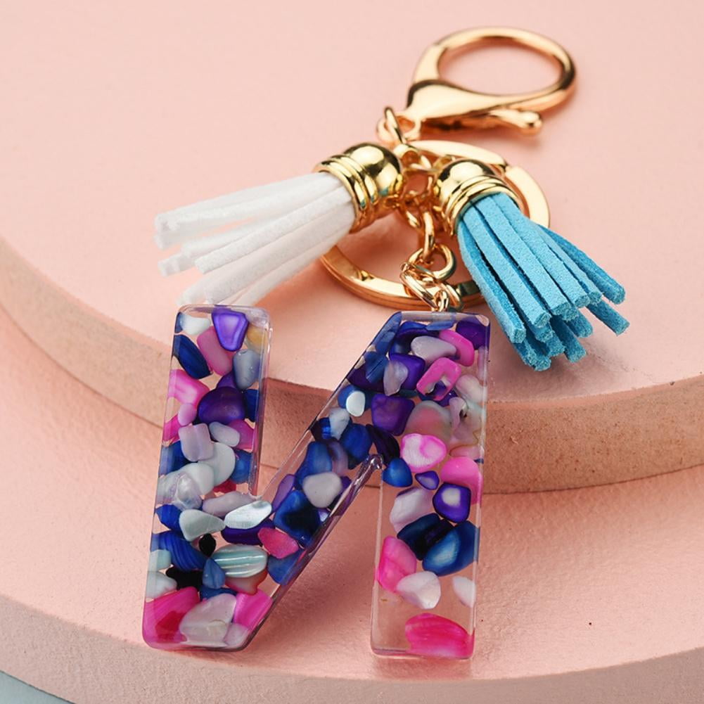 Fashion Purple Initial Letter Keychain,Cute Alphabet Letter KeyRing with  Ball for Purse Handbags Women Girl Birthday Gifts