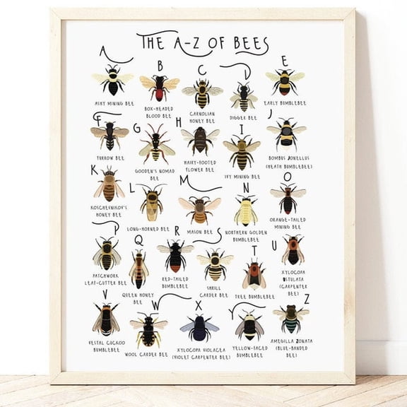 A-Z Of Bees, Bee Print, Types of Bees Art, Alphabet Poster, Bee lover , Bee Poster, A-Z of Bumble Bees, Bee Illustration, Bee , Bees, Unframed Paper Poster 8x10in