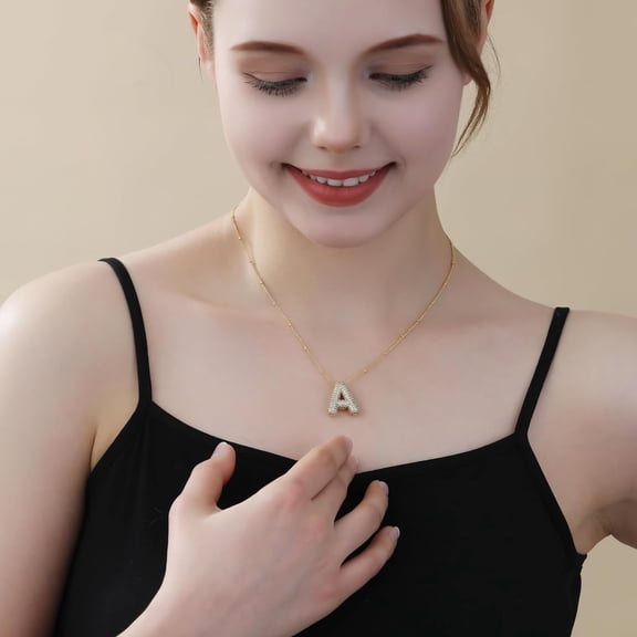 A-Z Bubble Letter Necklace Gold Balloon Initial Necklaces Rhinestone Letter Pendant Necklaces For Women Trendy[o3453]