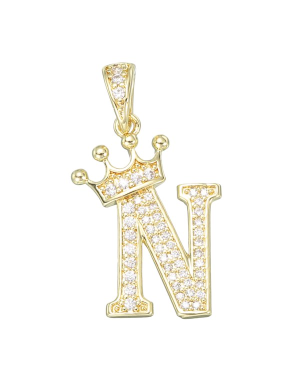 A-Z Crown Letter Charm, Alphabet N Pendant Gold Plated Cubic Zirconia Monogram Initial Pendant Name Jewelry for Men Women DIY