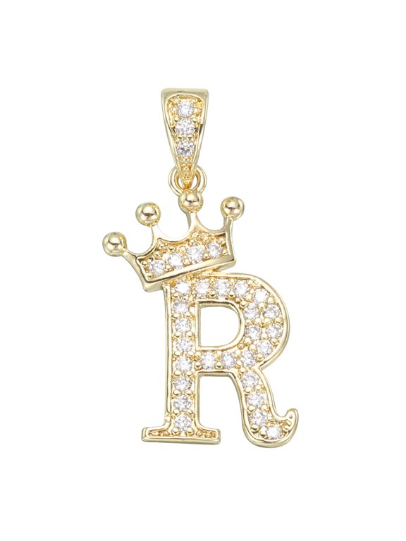 A-Z Crown Letter Charm, Alphabet R Pendant Gold Plated Cubic Zirconia Monogram Initial Pendant Name Jewelry for Men Women DIY