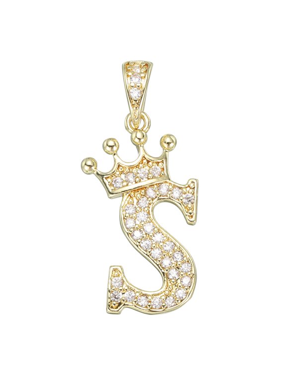 A-Z Crown Letter Charm, Alphabet S Pendant Gold Plated Cubic Zirconia Monogram Initial Pendant Name Jewelry for Men Women DIY
