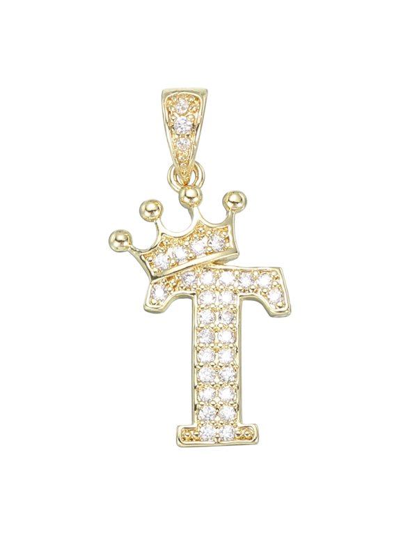 A-Z Crown Letter Charm, Alphabet T Pendant Gold Plated Cubic Zirconia Monogram Initial Pendant Name Jewelry for Men Women DIY