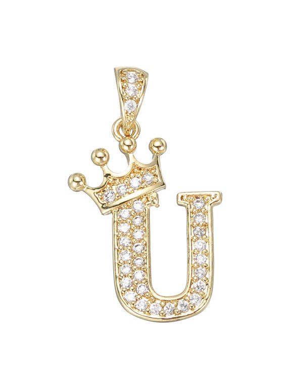 A-Z Crown Letter Charm, Alphabet U Pendant Gold Plated Cubic Zirconia Monogram Initial Pendant Name Jewelry for Men Women DIY