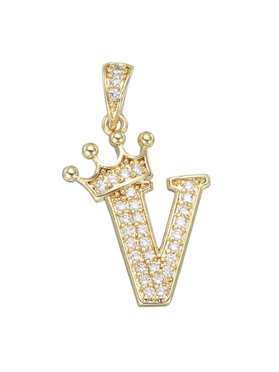 A-Z Crown Letter Charm, Alphabet V Pendant Gold Plated Cubic Zirconia Monogram Initial Pendant Name Jewelry for Men Women DIY