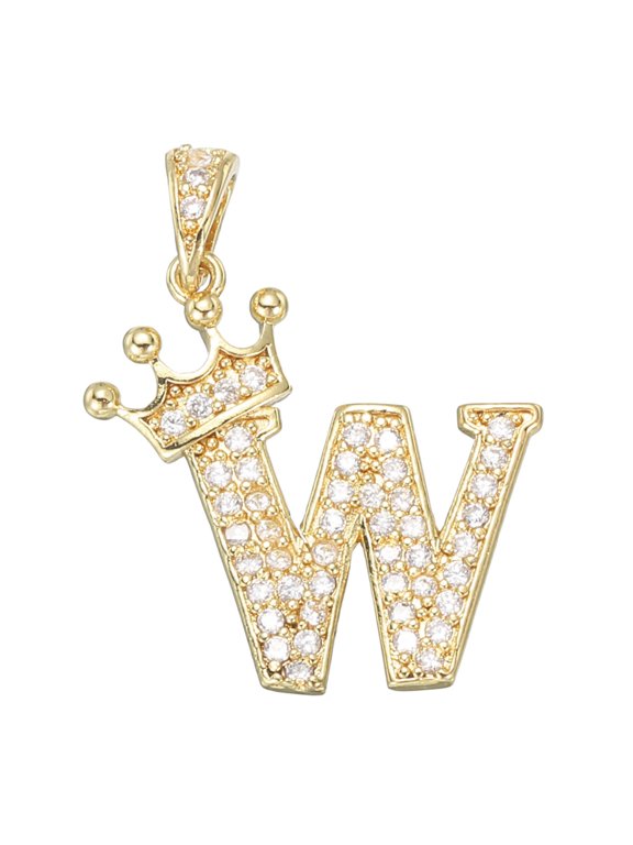 A-Z Crown Letter Charm, Alphabet W Pendant Gold Plated Cubic Zirconia Monogram Initial Pendant Name Jewelry for Men Women DIY
