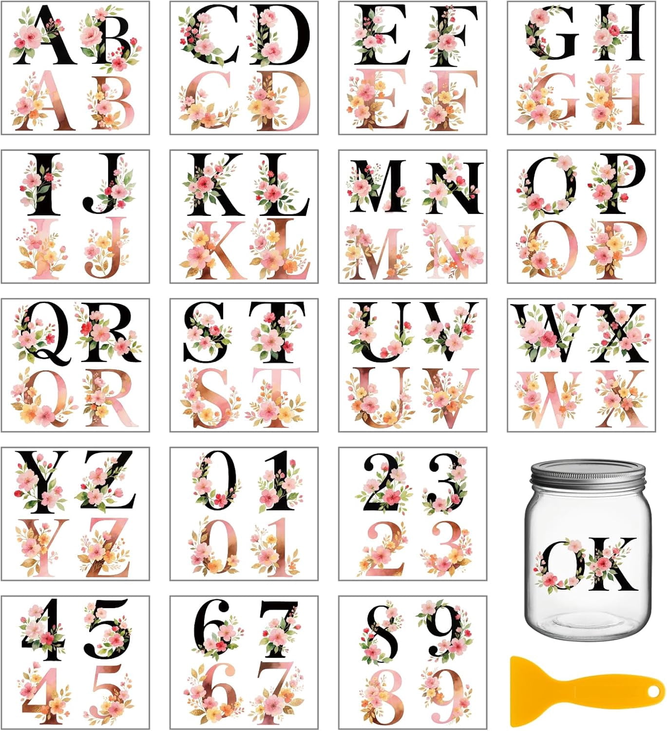 A-Z Flowers Letters and 0-9 Numbers Transfer Stickers 3.9x3.6inch ...