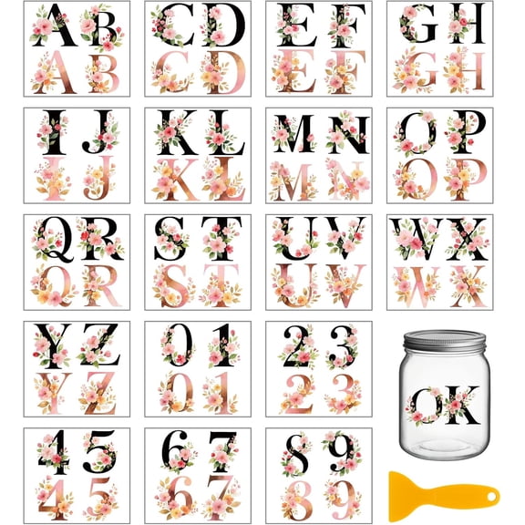 A-Z Flowers Letters and 0-9 Numbers Transfer Stickers 3.9x3.6inch Vintage Flowers and Leaves Decals Stickers Rub on Transfer for Art Crafts Furniture Vase Glass Mason Jar Decorations colorful DIY