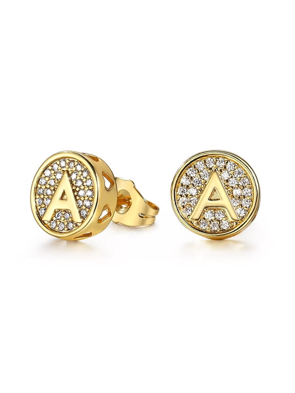 A-Z Initial Letter Stud Earrings for Men Women Gold Plated Alphabet CZ Stud Earrings