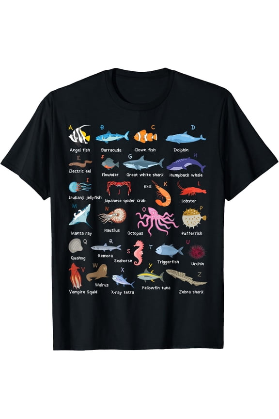 A-Z Ocean Life Exploration - Sea Creatures Alphabet T-ShirtMen and women, Black T-shirt, size: Extra large