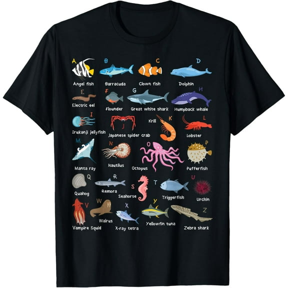 A-Z Ocean Life Exploration - Sea Creatures Alphabet T-ShirtMen and women, Black T-shirt, size: Extra large