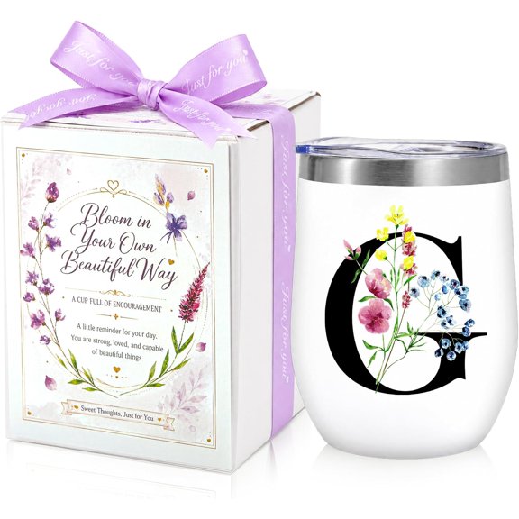 A-Z Personalized Gift for Women, 12oz Initial Insulated Wine Tumbler, G | Stainless Steel Thermal Tumbler with Lid, Custom Cup for Coffee Tea, Bridal Party Wedding Gift for Bridesmaids & Bride