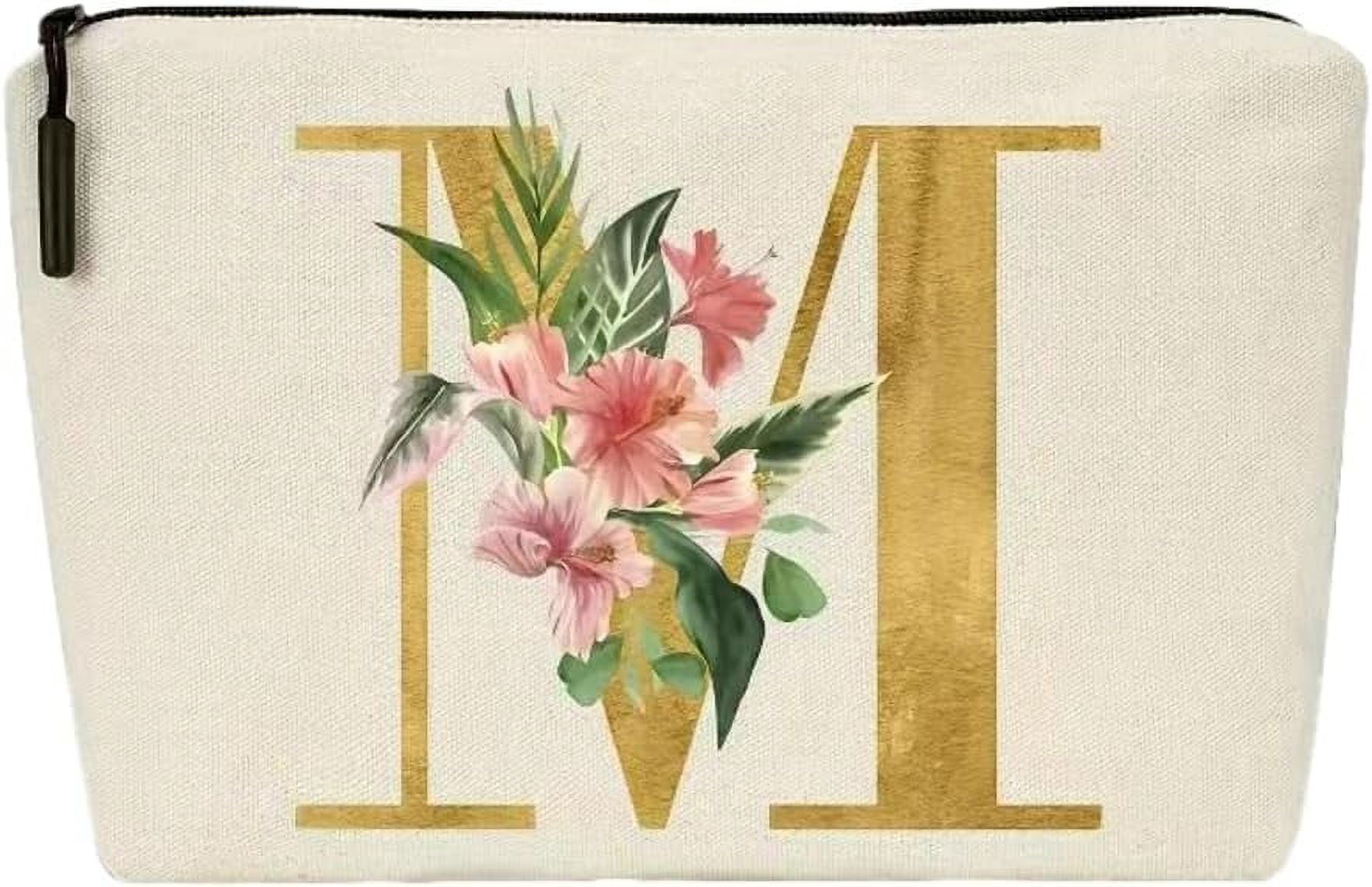 AZ Personalized Makeup Bag for Women, Small Flower Print Initial