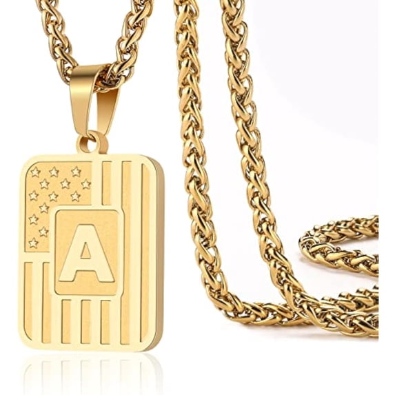 A-Z letter necklace, American flag stainless steel letter pendant chain ...