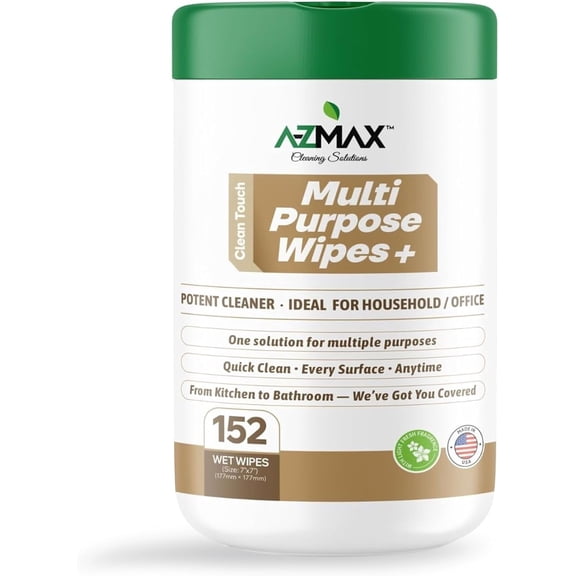 A-ZMAX Multi-Purpose Cleaning Wipes, Fresh Scent, Heavy Duty Multi-Surface Cleaner Cloths, 7 x 7 Inch Wipes, 152 Count Canister, Made in USA