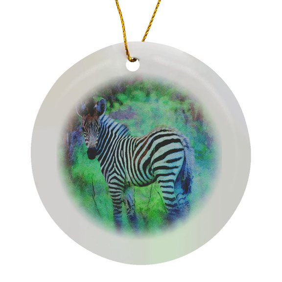 3drose, a Zebra in the Wild Image of Watercolor Painting, Circle Porcelain Ornament