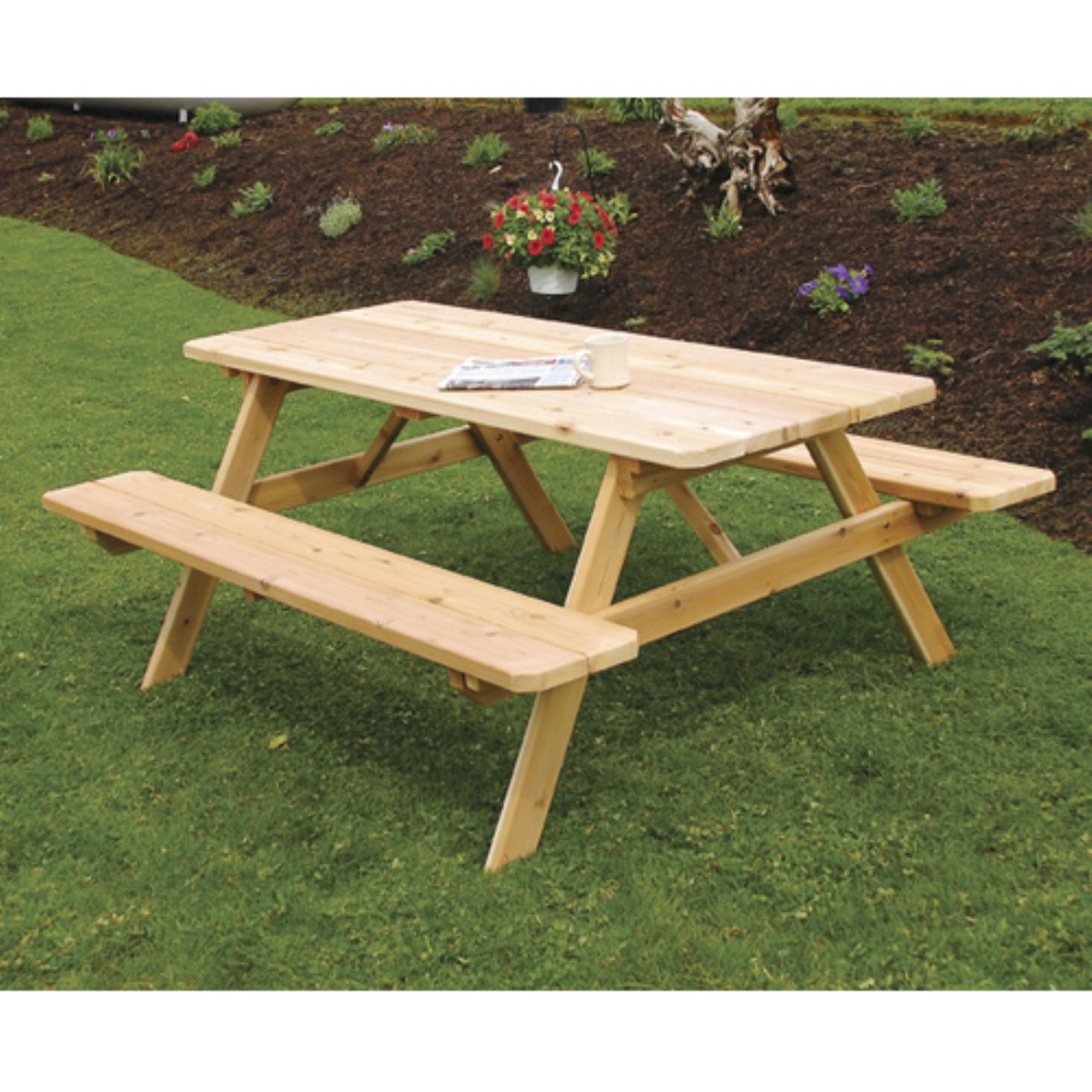 A & L Furniture Western Red Cedar Picnic Table with Attached Benches ...