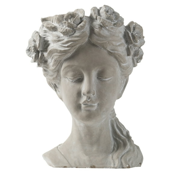 A and B Home 15.4" H Gray Cement Indoor Outdoor Rose Wreath Lady Head Planter, Home Dcor, Garden Accent Sculpture