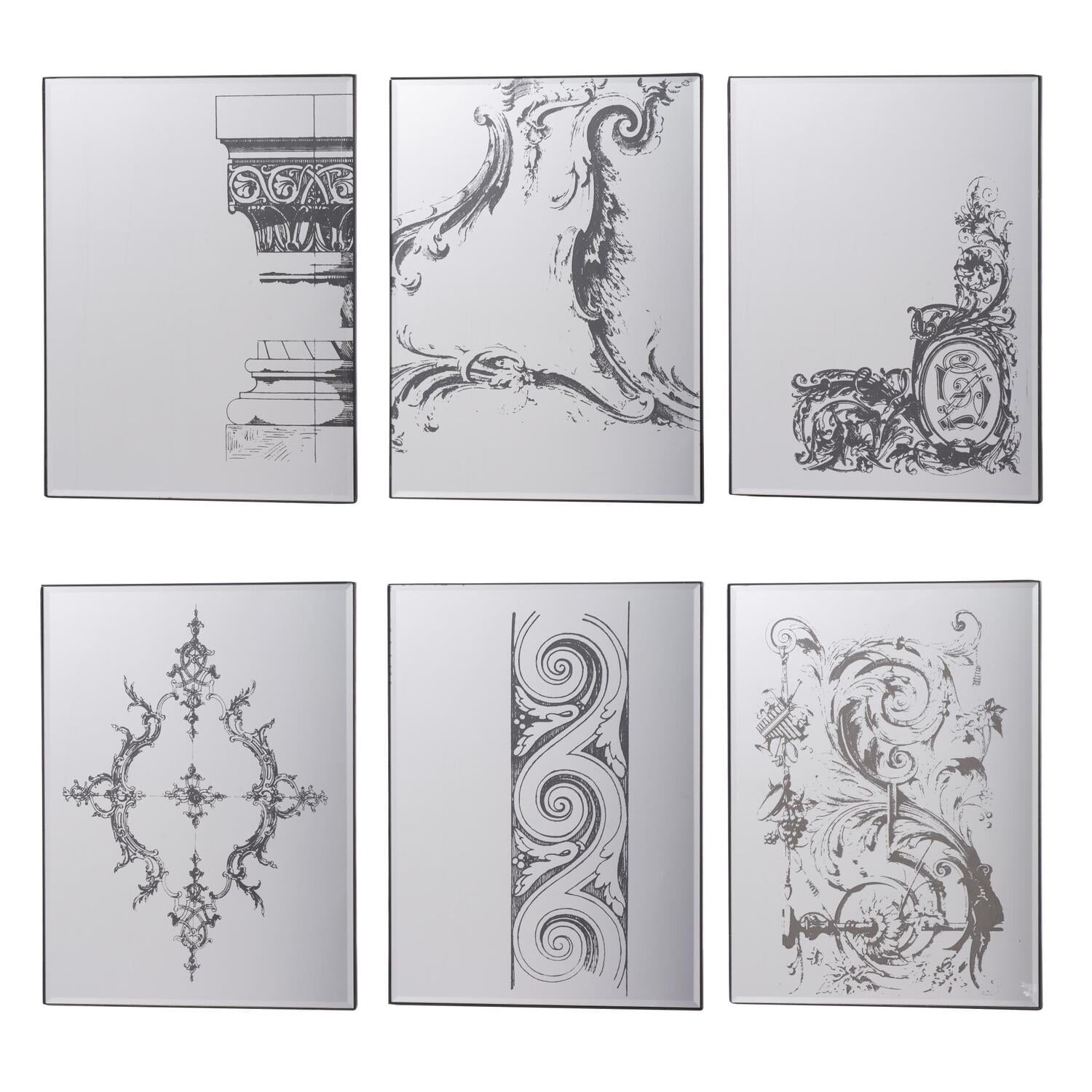 Silver Rectangular Antique Mirror Glass Panels Set of 6