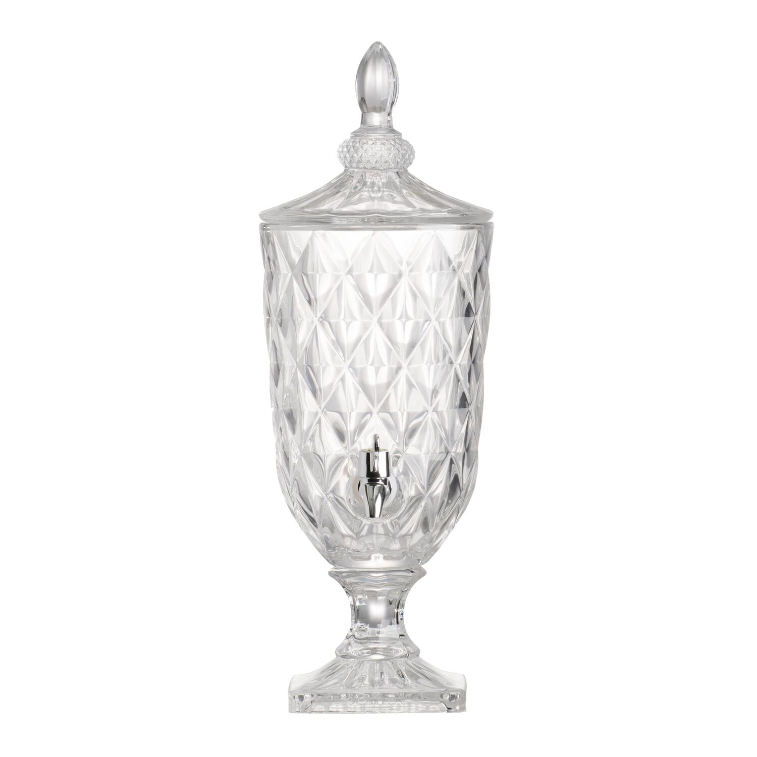Clear Glass Diamond Pattern Lidded Drink Dispenser with Polished Silver Accents