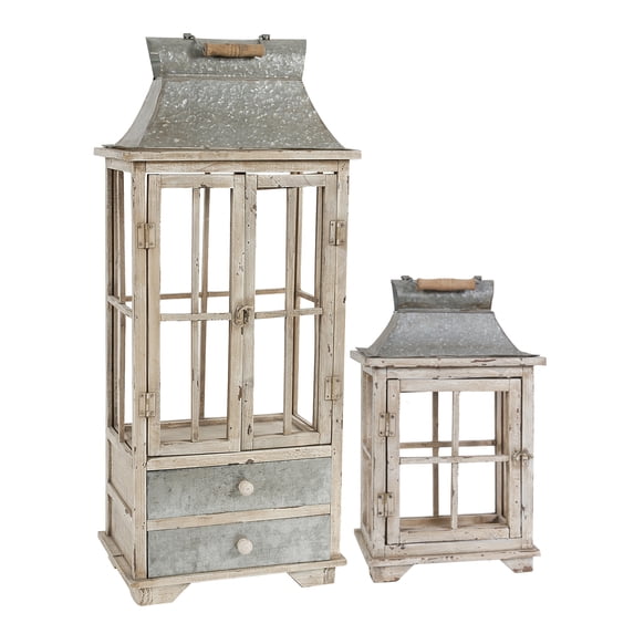 A&B Home Evelyn Enclosed Lantern Set with Handle & Drawers, Set of 2, Silver