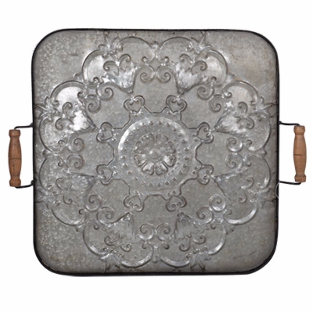 Fabius Antique Silver Square Tray with Wood Handles