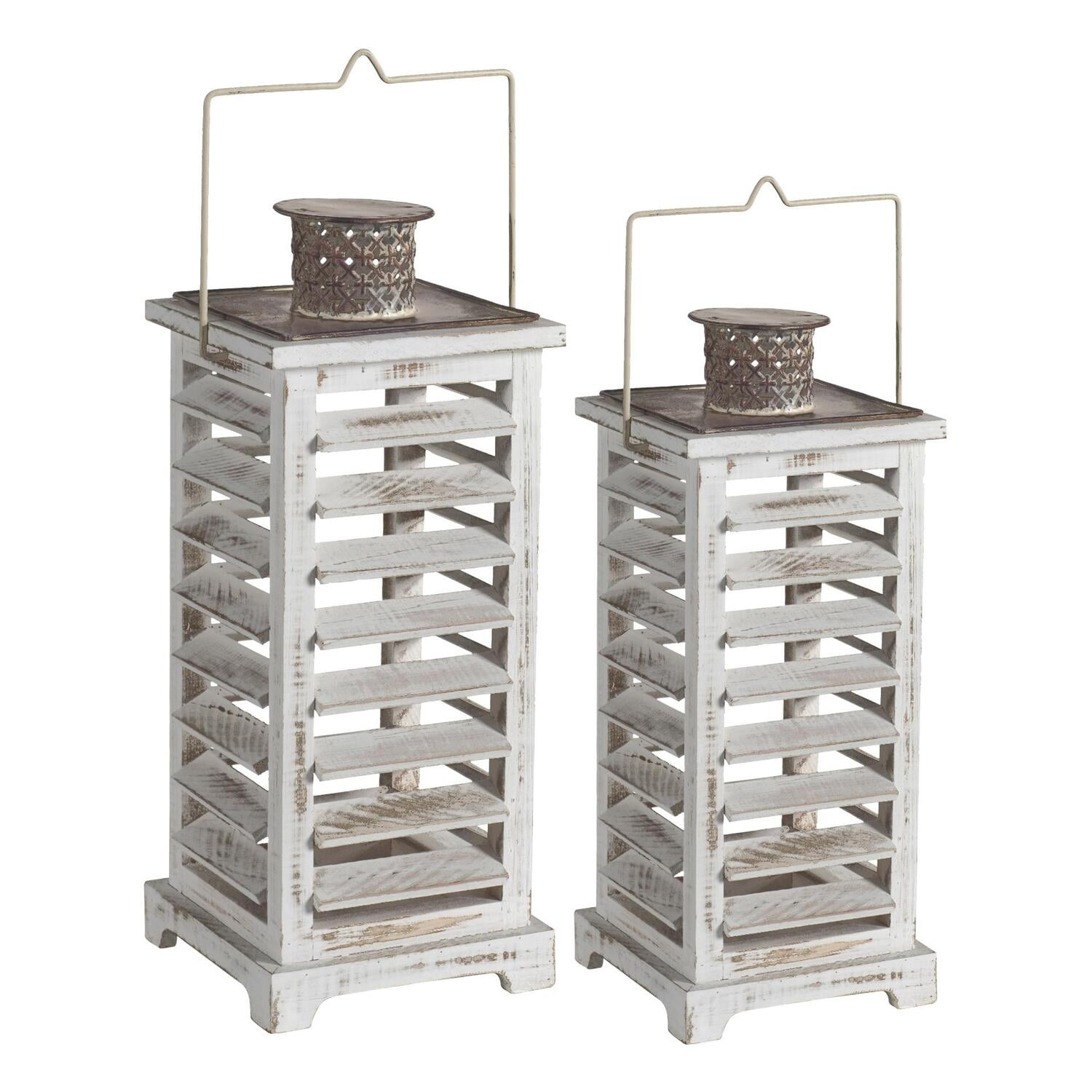 Rustic Whitewashed Wood Hanging Candle Lantern Set