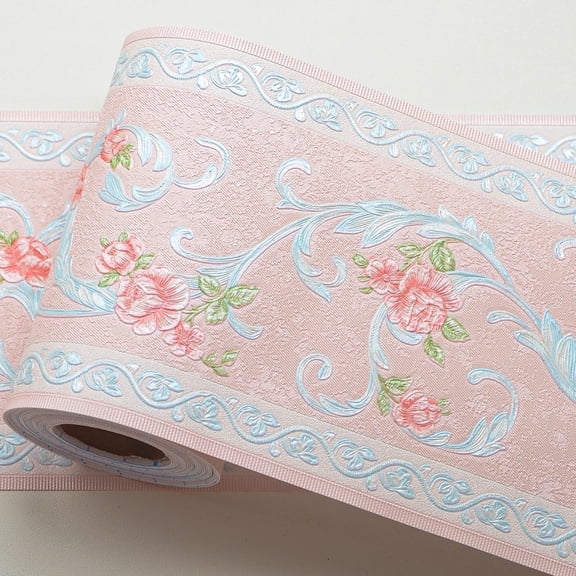 A-b-cil Pink Flower Wallpaper Border 394"X4.1" Peel and Stick 3D Pattern Wall Decor Trim for Walls Sticker Decor Bathroom Mirror Frame Border Roll Removable Self Adhesive Border Trim