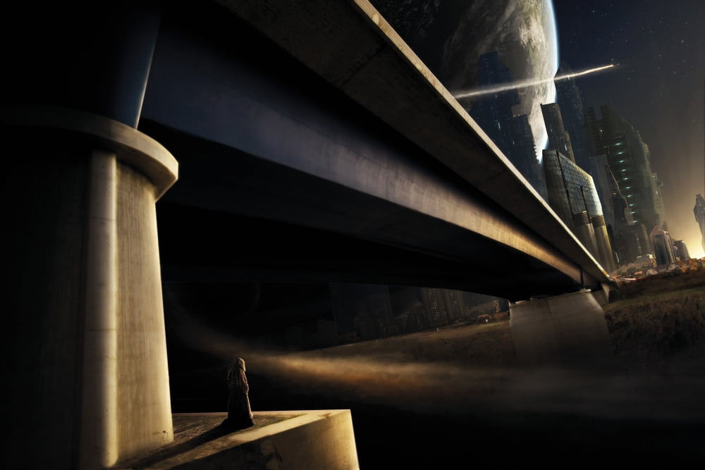 A banned person looks back to his old hometown from under a bridge Canvas Art - Tobias RoetschStocktrek Images (35 x 24)