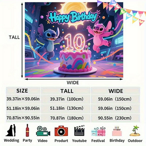 A banner with the background of Stitch and his pink alien friend's 10th birthday at the space station