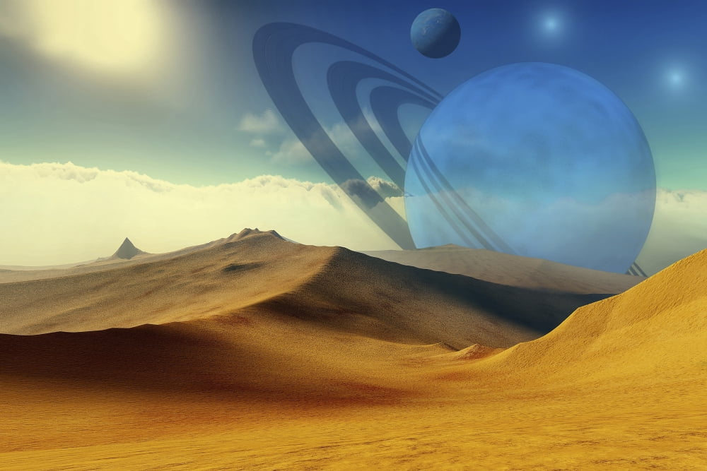 A beautiful desert planet and its moons Canvas Art - Corey FordStocktrek Images (35 x 23)