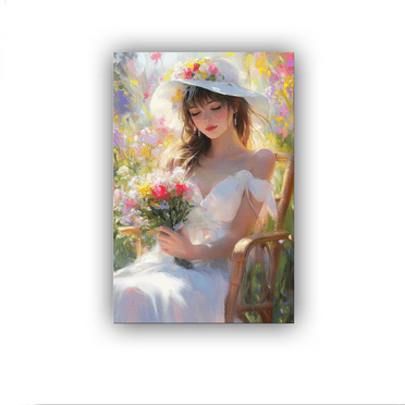 A beautiful girl sitting on a chair holding flowers in her hands Poster Canvas Print Wall Art Bedroom Room Aesthetics Decoration