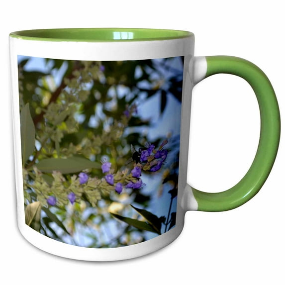 A bee gathering pollen from a purple flower 15oz Two-Tone Green Mug mug-157328-12