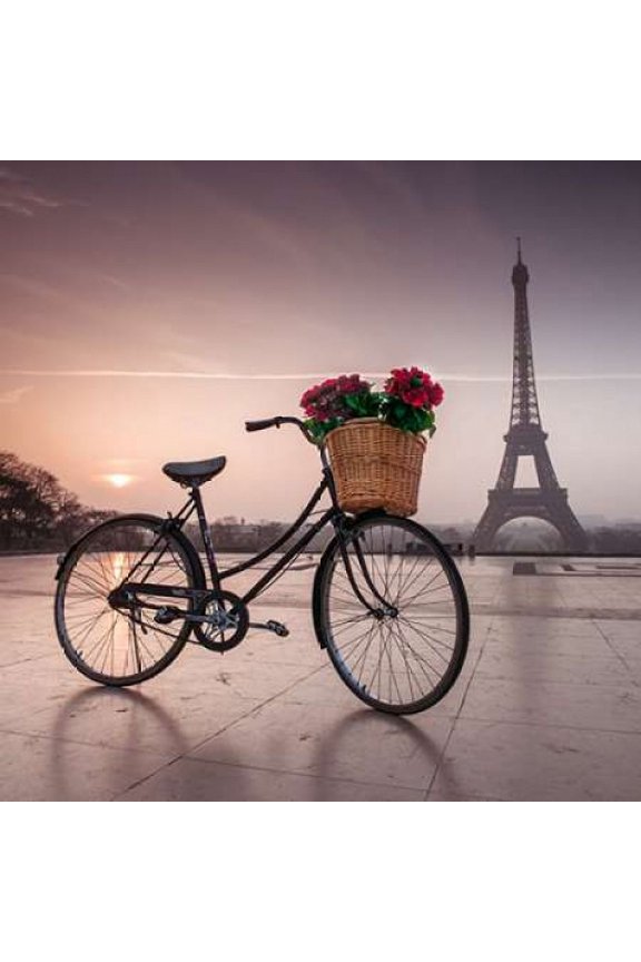 A bicycle with a basket of flowers with the Eiffel tower in the background Poster Print by Assaf Frank