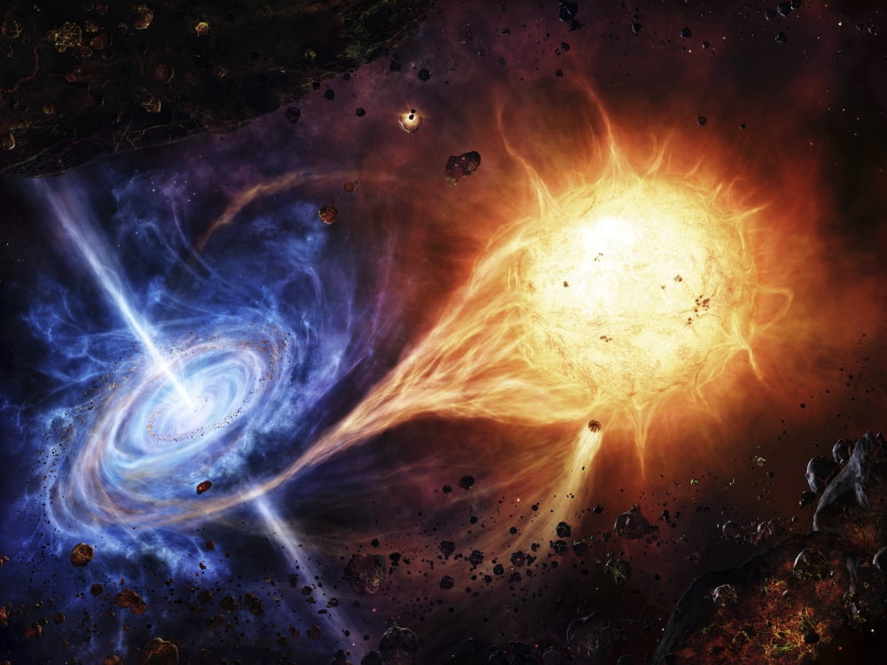 A binary system orbiting near a black hole Canvas Art - Brian ChristensenStocktrek Images (17 x 13)