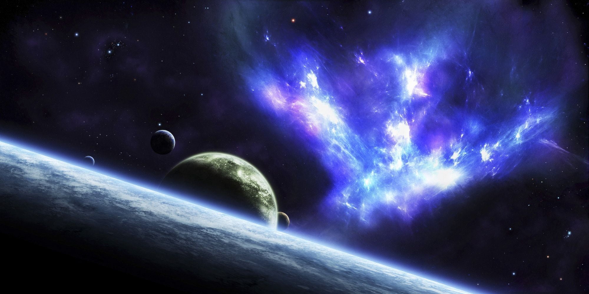 A bird-shaped nebula watches over a group of planets Canvas Art - Justin KellyStocktrek Images (20 x 10)