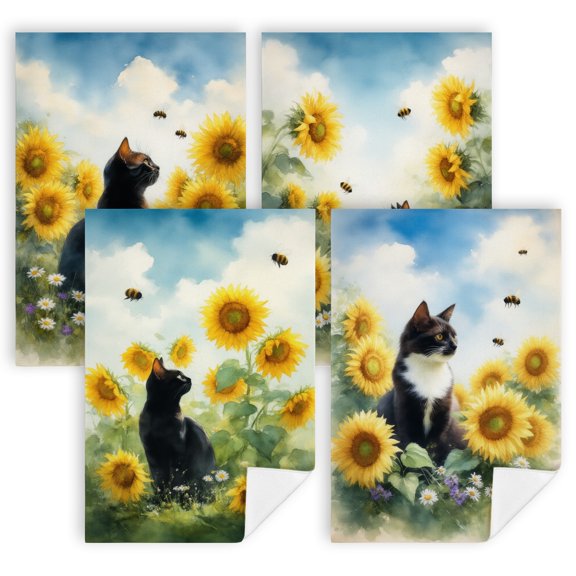 A black cat sitting in a field of sunflowerstea towelsSet of 4 16x24 Inch tea towels for kitchen decorative