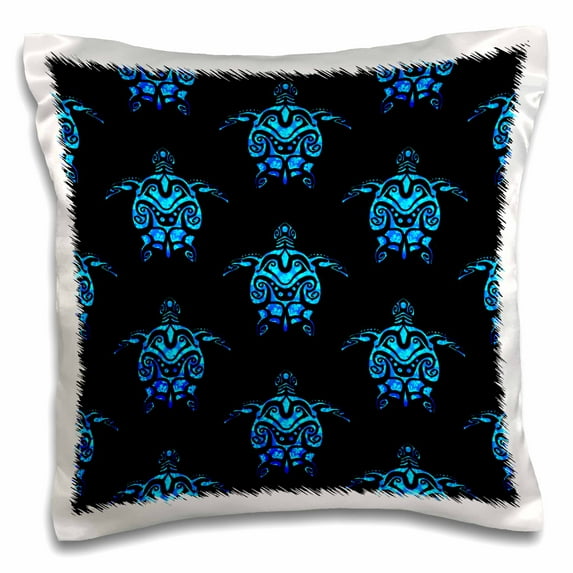 3dRose, A blue and black Hawaiian island tattoo style turtle Honu pattern., 16x16 inch Pillow Case