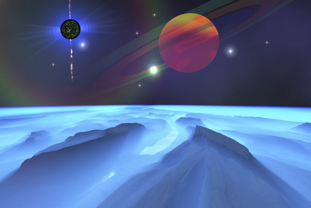 A blue fog envelops the mountains on this alien planet Canvas Art - Corey FordStocktrek Images (35 x 23)