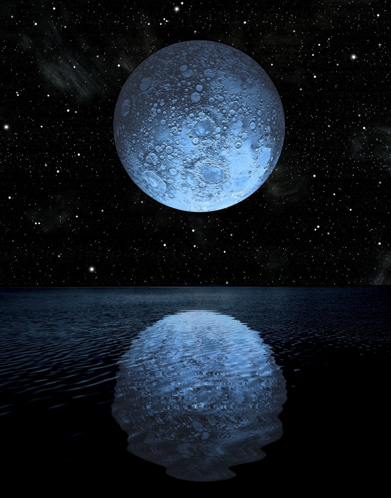 A blue moon rising over a calm alien ocean with a starry sky as a backdrop Canvas Art - Marc WardStocktrek Images (13 x 16)