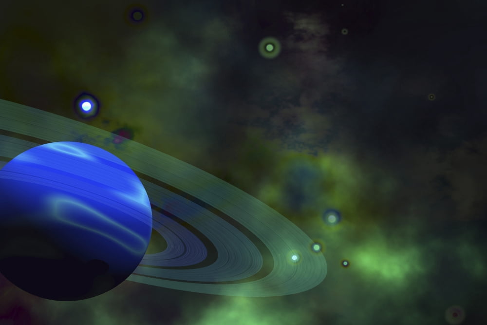 A blue ringed planet and nearby stars Canvas Art - Corey FordStocktrek Images (35 x 23)