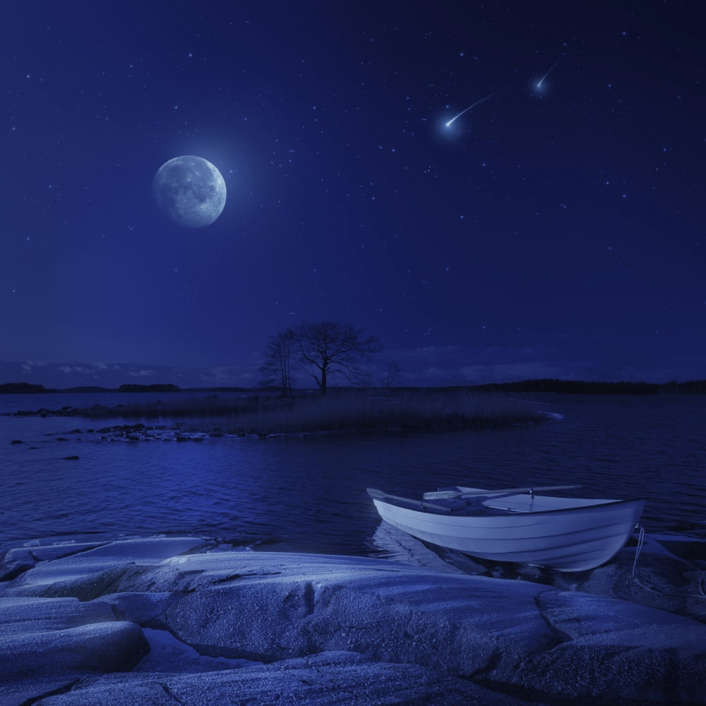A boat moored near an icy stone in a lake against starry sky Finland Canvas Art - Evgeny KuklevStocktrek Images (29 x 29)
