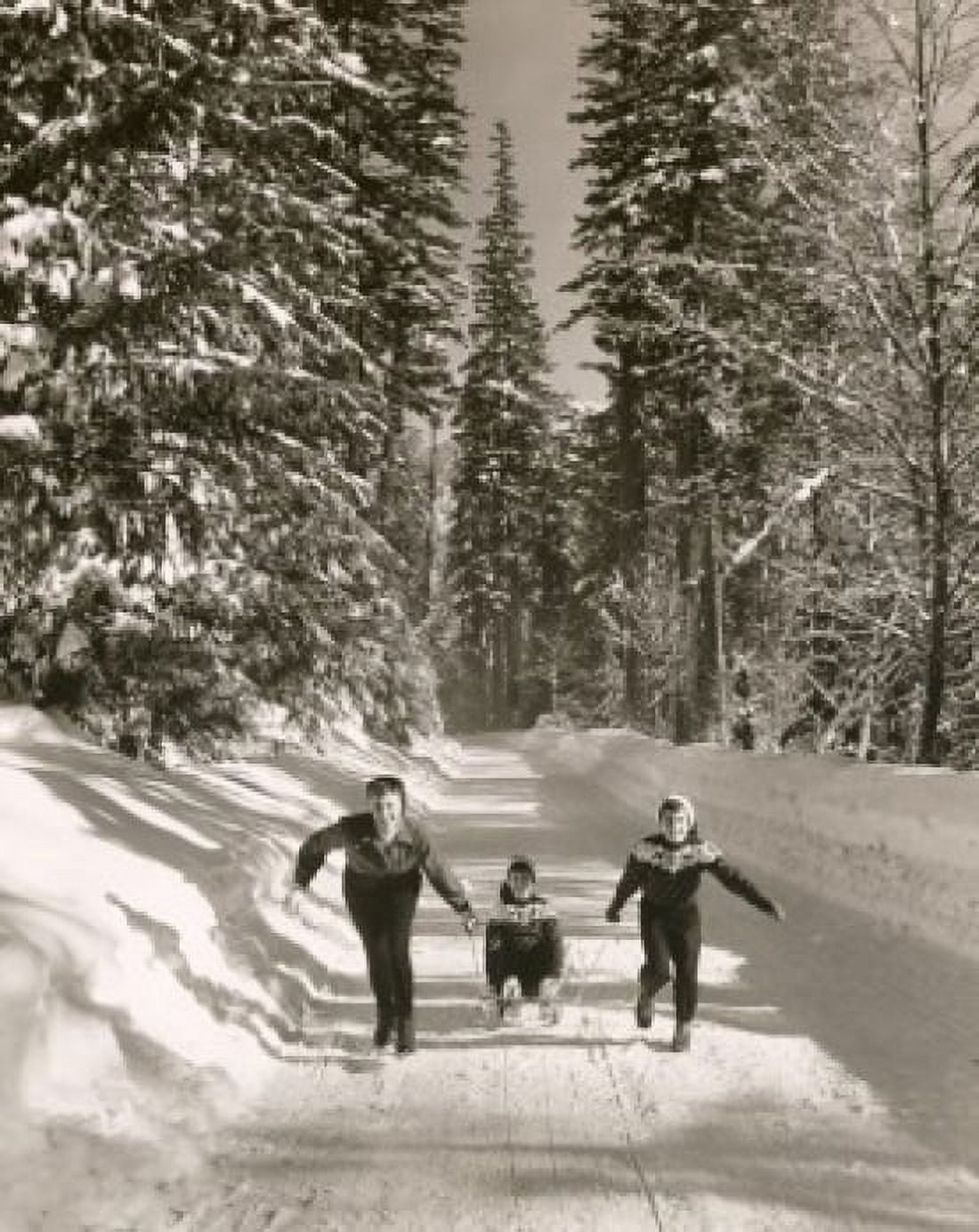 A boy being pulled by his mother and his sister on a sled Canvas Art - (18 x 24)