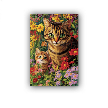 A brown striped cat surrounded by colorful flowers in the garden Poster Canvas Print Wall Art Bedroom Room Aesthetics Decoration