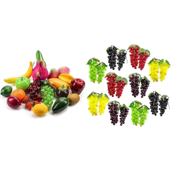 A bundle of 20 Pcs Artificial Fruits Pack, Fake Fruits for Home Decor, Simulation Fruit Set and 20 Bunches Artificial Grapes (5 Colors,2 Size)