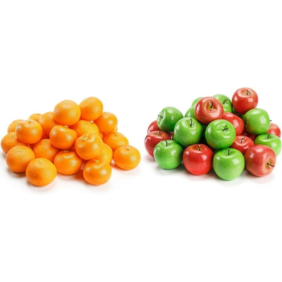 A bundle of 30 Pcs Artificial Oranges, Decorative Fake Oranges for Decoration Lifelike and 30PCS Artificial Red and Green Apples