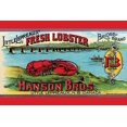 thumbnail image 1 of A can label for lobster packed in Canada by Hanson Brothers.  The label features a bright red lobster on the shore near a long bridge, 1 of 1
