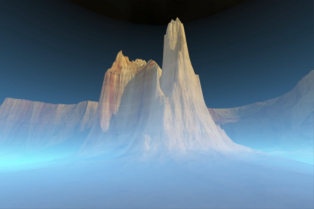A canyon mountain is surrounded by mysterious blue mist Canvas Art - Corey FordStocktrek Images (34 x 23)