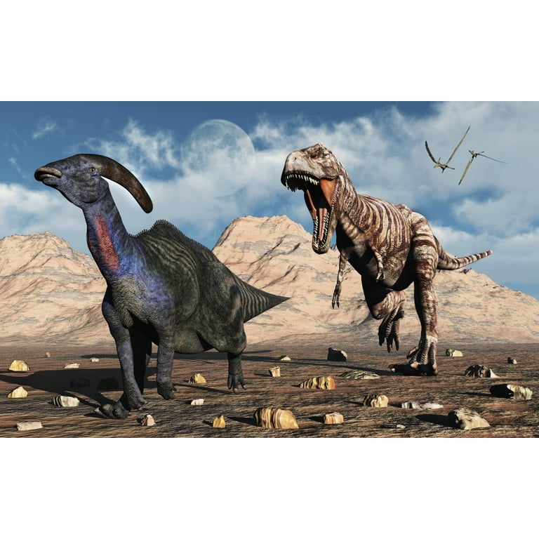 A carnivorous T-rex chasing a lone Parasaurolophus dinosaur