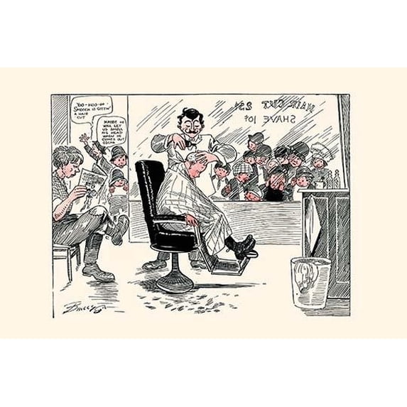 A cartoon of children staring in the window of a Barber Shop watching a man get his hair trimmed. The cartoon was drawn by Clare Briggs for